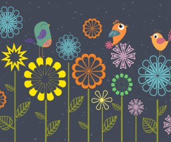 Spring Background Colorful Cartoon Flowers Birds Ornament