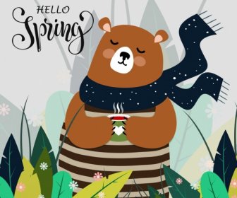 Spring Background Cute Bear Icon Colored Cartoon