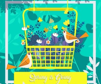 春の背景、花、バスケット、鳥、アイコン、装飾