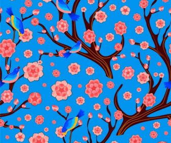 Ornamento De Aves Fundo Vermelho Cereja Flor Azul De Primavera