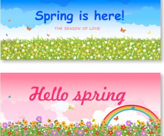 봄 꽃 필드와 배경 세트 그림