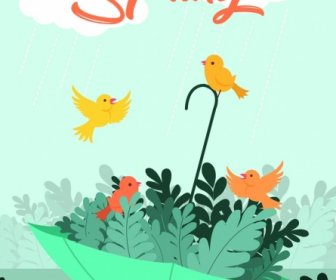 Folha De Primavera Bandeira Pássaros Bonitos ícones De Guarda-chuva