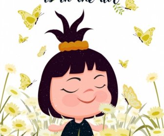 Feder Banner Niedliche Mädchen Schmetterling Symbole Farbige Cartoon