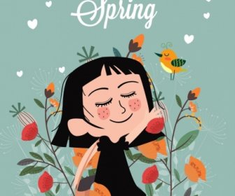 Spring Banner Cute Girl Flowers Icons Colored Design