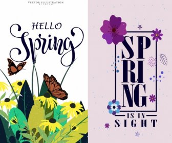 Spring Banner Sets Flowers Butterflies Icons Decoration