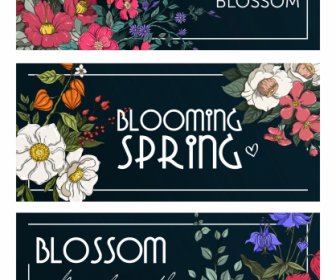 Spring Banner Templates Colorful Blooming Flowers Decor