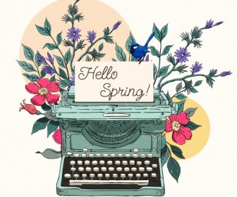 خلفية بطاقة الربيع الكلاسيكية النباتات آلة الكاتبة رسم
