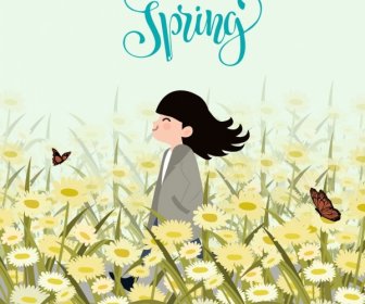 Spring Drawing Girl Flower Field Icons Colored Cartoon
