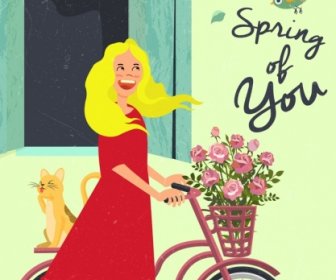 Frühling Zeichnung Dame Katze Blumen Fahrrad Farbigen Cartoon