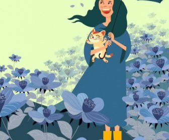 Весна, рисование женщина Китти цветок поле значки