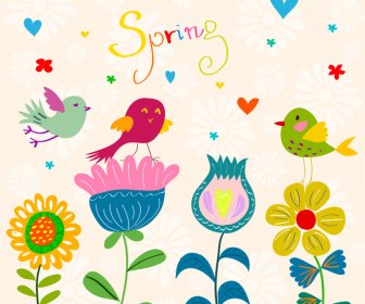 春天花和鳥背景