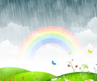 Spring Landscape With Flower And Rainbow