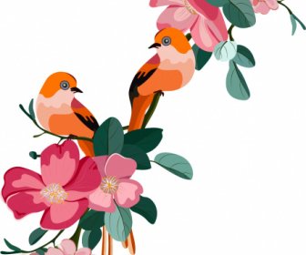Musim Semi Lukisan Flora Burung Dekorasi Berwarna-warni Desain Klasik