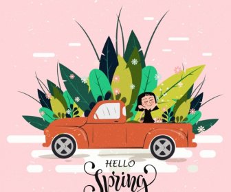 Spring Poster Car Girl Natural Plants Icons