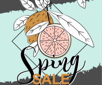 Spring Sale Poster Retro Handdrawn Lemon Fruits Sketch