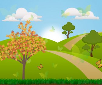 Spring Scenery Vector Illustration With Colored Vignette Style