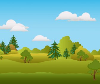 Spring Scenery Vector Illustration With Trees On Hill