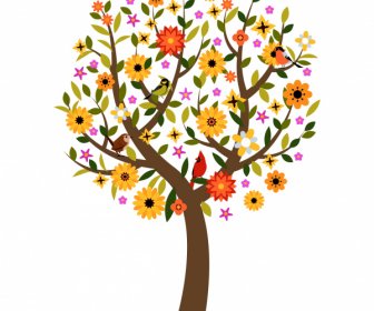 Spring Tree Icon Colorful Flat Handdrawn Blooming Sketch