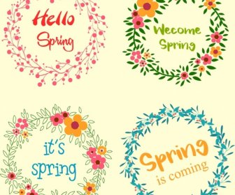 Spring Wreath Icons Collection Circle Flowers Decoration