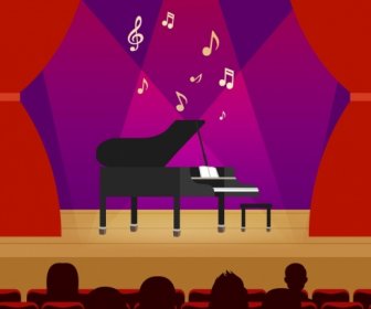 Stage Decoration Red Curtain Piano Icon Design