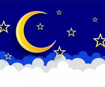 Estrellas Luna Cielo Azul De Fondo Amarillo Blanco Decoración