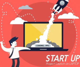 Startup Concept Banner Male Rocket Computer Screen Icons
