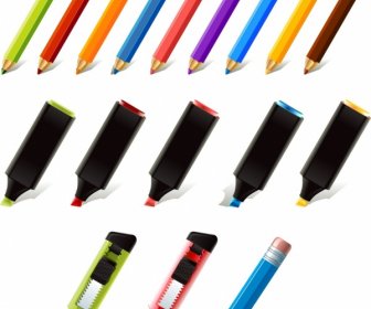 Stationary Icons Collection 3d Multicolored Realistic Design