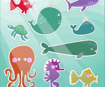 Stickers Collection Marine Creatures Icons Flat Colored Design