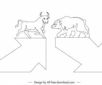 Stock Market Trading Floor Design Elements Bull Bear Arrows Sketch