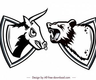Stock Trade Sign Icons Black White Bear Bull Heads Sketch