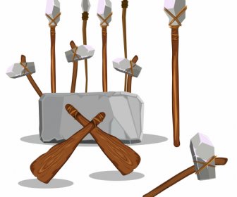 Steinzeit Waffen Symbole Lanzen, Dolche Äxte Skizzieren