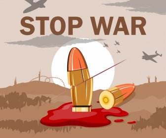 Stoppt Den Krieg Banner Schaden Kugel Gefechtskopf Flugzeug Schlachtfeld Skizze