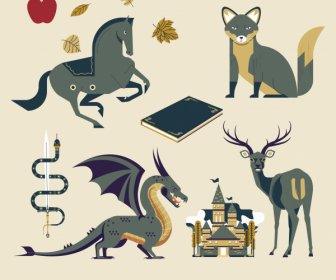 story book design elements classical animals objects sketch