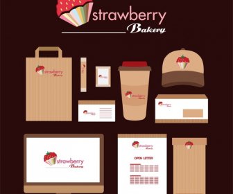 Strawberry Bakery Identidad Diversos Símbolos Sobre Fondo Oscuro