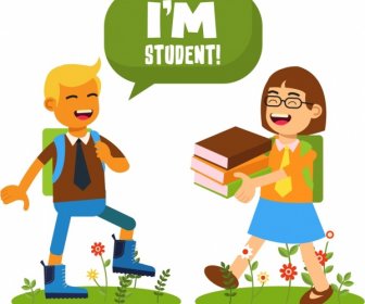 Student Background Boy Girl Books Icons Cartoon Design