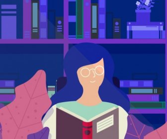 Student Background Reading Girl Library Icon Cartoon Sketch