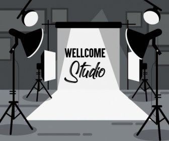 Studio Background Dispositivo ícones Preto Branco Decoração