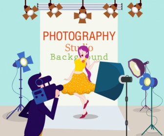 Studio Background Model Cameraman Devices Icons Cartoon Design