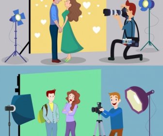 Studio Background Sets Cameraman Couple Icons Cartoon Design
