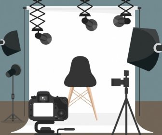 Studioraum Hintergrund Kamera Geräte Symbole 3D-Design