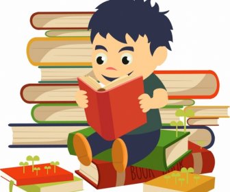 Study Background Boy Book Stack Icons Multicolored Cartoon
