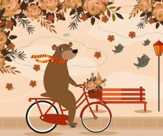 Dibujo De Animales Estilizados Oso Riding Bicycle Rosas Iconos