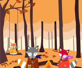 葉の落ちた森の図面で発射様式化された Fox 家族