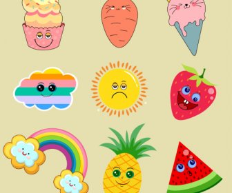Stylized Icons Cute Colorful Design Emotional Sketch