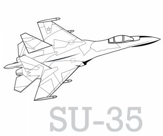 Su 35 Jet Icon Negro Blanco Contorno 3D