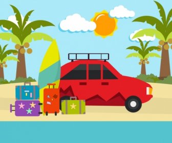 Summber Vacation Background Car Baggages Icons Ornament