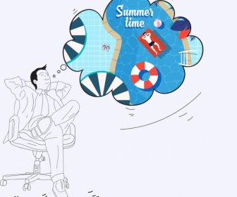 Summer Background Dreaming Man Icon Handdrawn Sketch