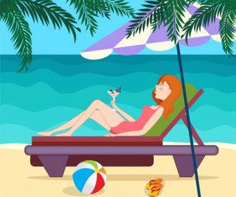 Summer Background Relaxed Girl Beach Icons Cartoon Design