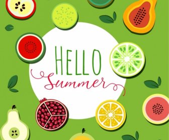 Summer Background Tropical Fruit Icons Flat Sliced Design