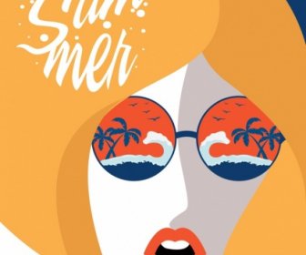 Summer Background Woman Face Sunglasses Beach Icons Decor
